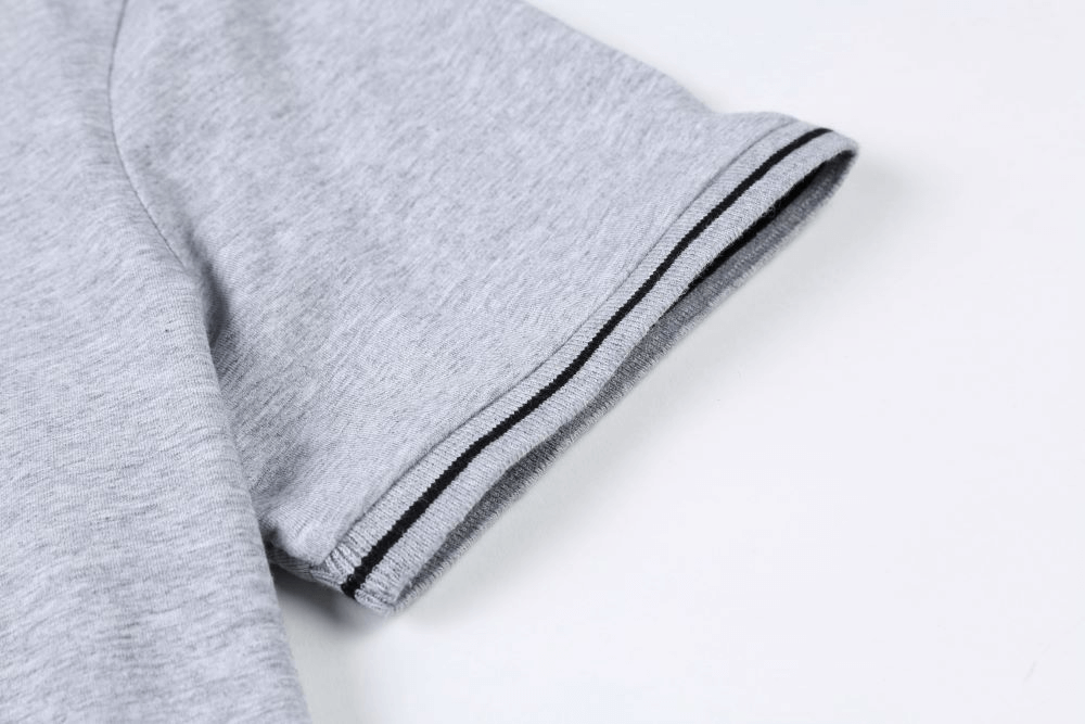 Close-up of sleeve on casual male cotton V-neck T-shirt SF1084 showing stylish striped design, ideal for breathable comfort and casual style.