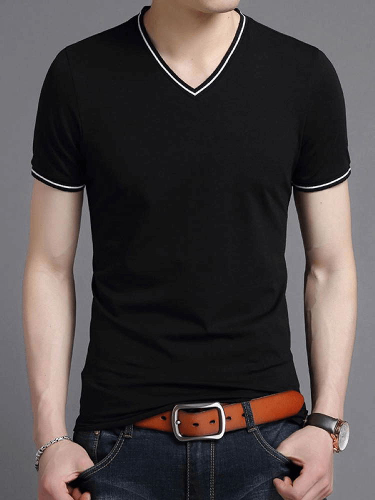 Casual male cotton V-neck t-shirt with striped sleeves, black color, offering comfort and style for everyday wear, product code SF1084.