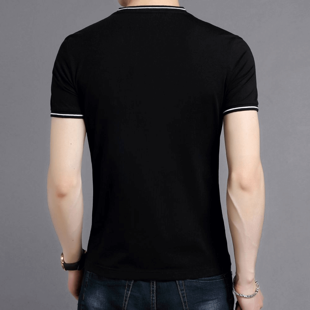 Rear view of a black casual male cotton V-neck t-shirt with striped sleeves, perfect for style and comfort on casual days.