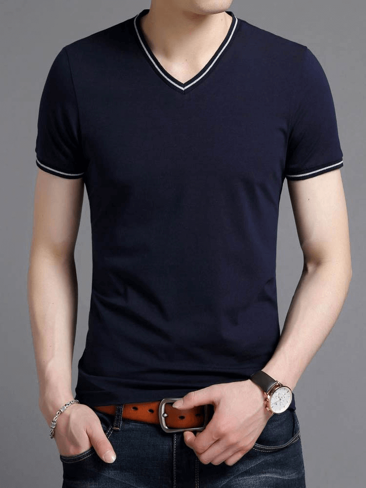 Casual Male Cotton V-Neck T-Shirt with Striped Sleeves, SF1084, perfect for style and comfort, 100% cotton blend.