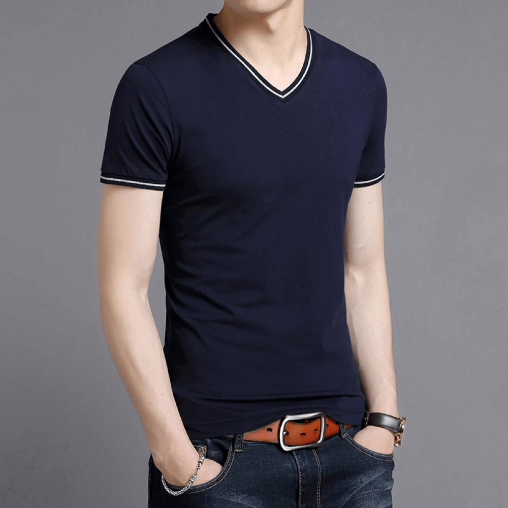 Casual male V-neck t-shirt with striped sleeves, SF1084, in navy blue; perfect for active days with cotton spandex blend for comfort and style.