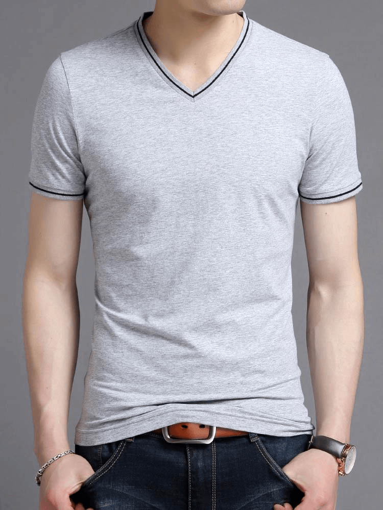 T-shirt décontracté à col en V en coton pour hommes avec bandes sur les manches - SPF1084 