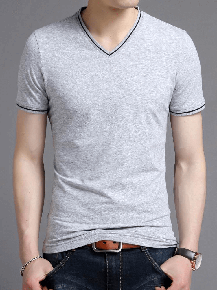 Casual male cotton V-neck t-shirt with striped sleeves, perfect for comfort and style, made of breathable cotton and spandex.