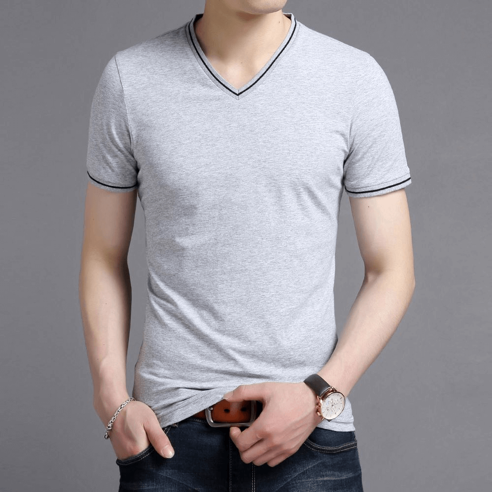Casual male cotton V-neck t-shirt with striped sleeves in gray, perfect for comfort and style. Model wearing SF1084 design.