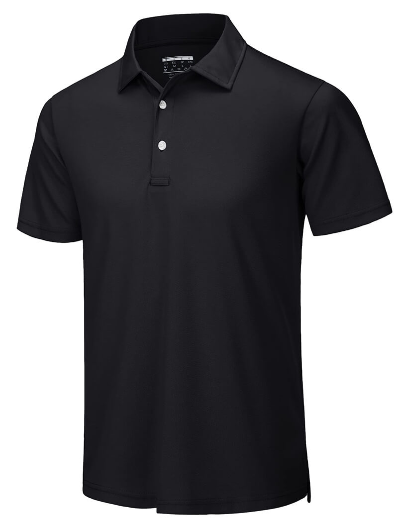Black casual men's short sleeve polo shirt with button decoration, perfect for tennis or casual wear, made of breathable 100% polyester.