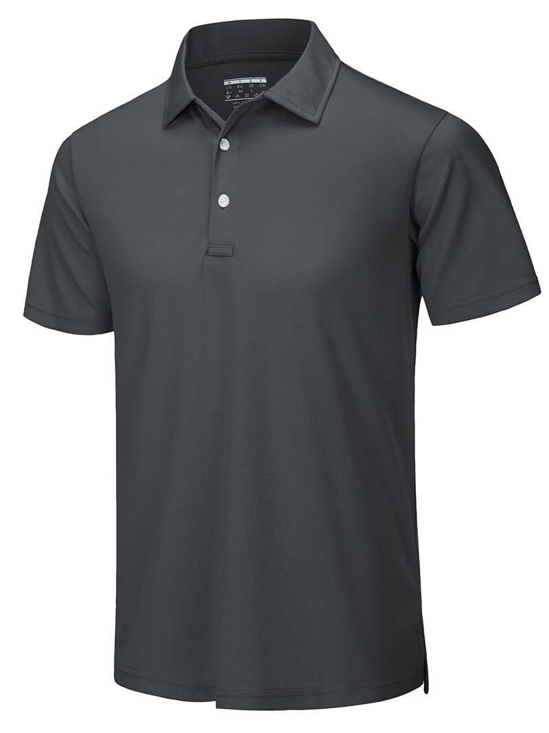 Casual men's short sleeve black polo shirt, ideal for tennis and sports, featuring button decoration and breathable polyester fabric.