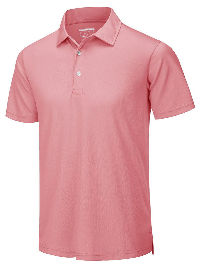Casual men's short sleeves pink polo shirt, perfect for tennis, made from breathable polyester with button decoration.