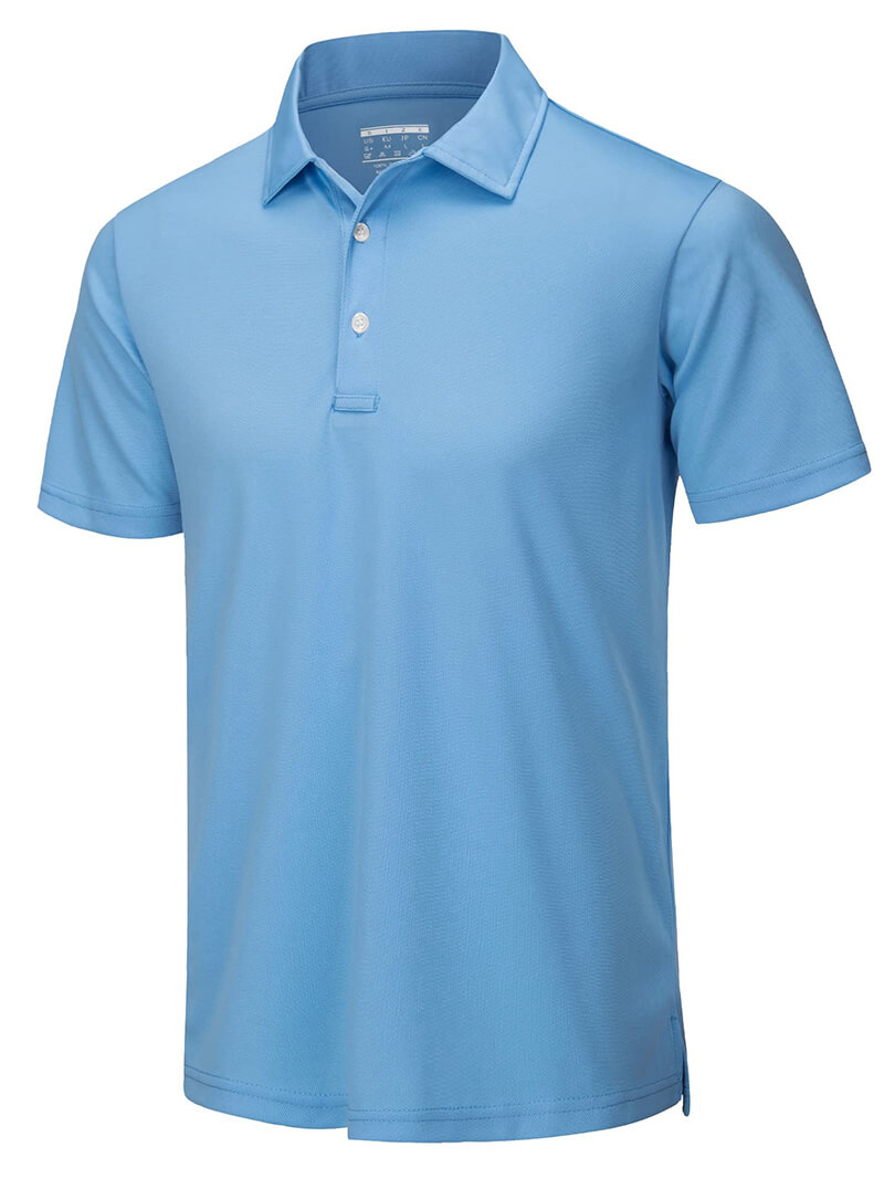 Sky blue casual men's short sleeve polo shirt, perfect for tennis and active wear with a breathable 100% polyester fabric.