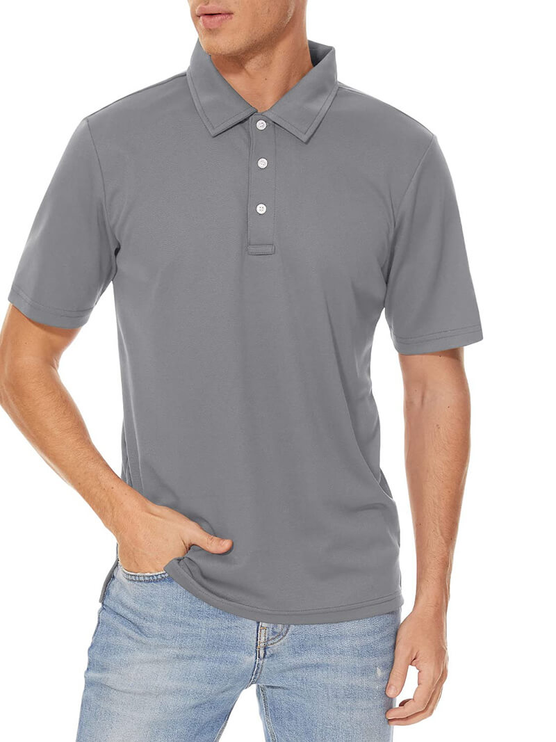 Gray casual men's short-sleeved polo shirt SF0650, perfect for tennis and active wear, made of breathable 100% polyester.
