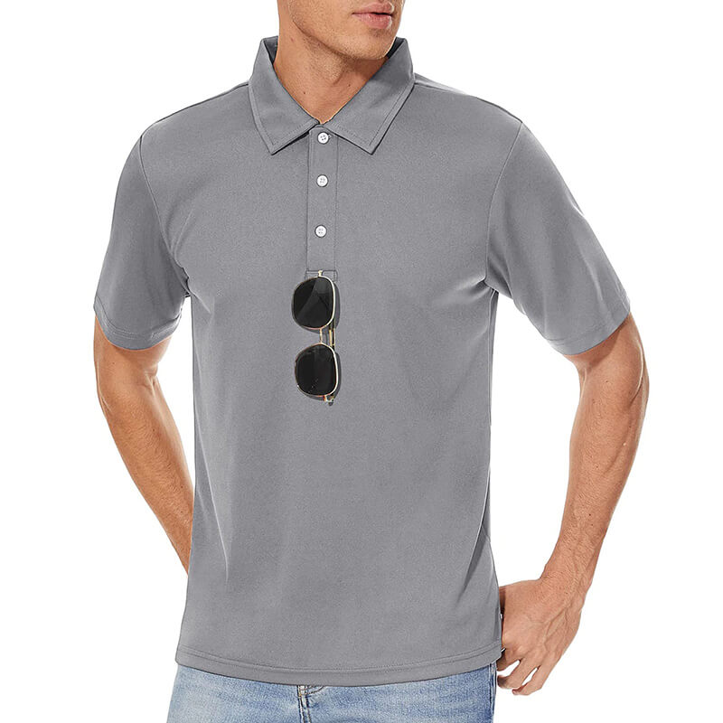 Casual gray men's short sleeve polo shirt with button decoration, perfect for tennis or casual outings, stylish and breathable.