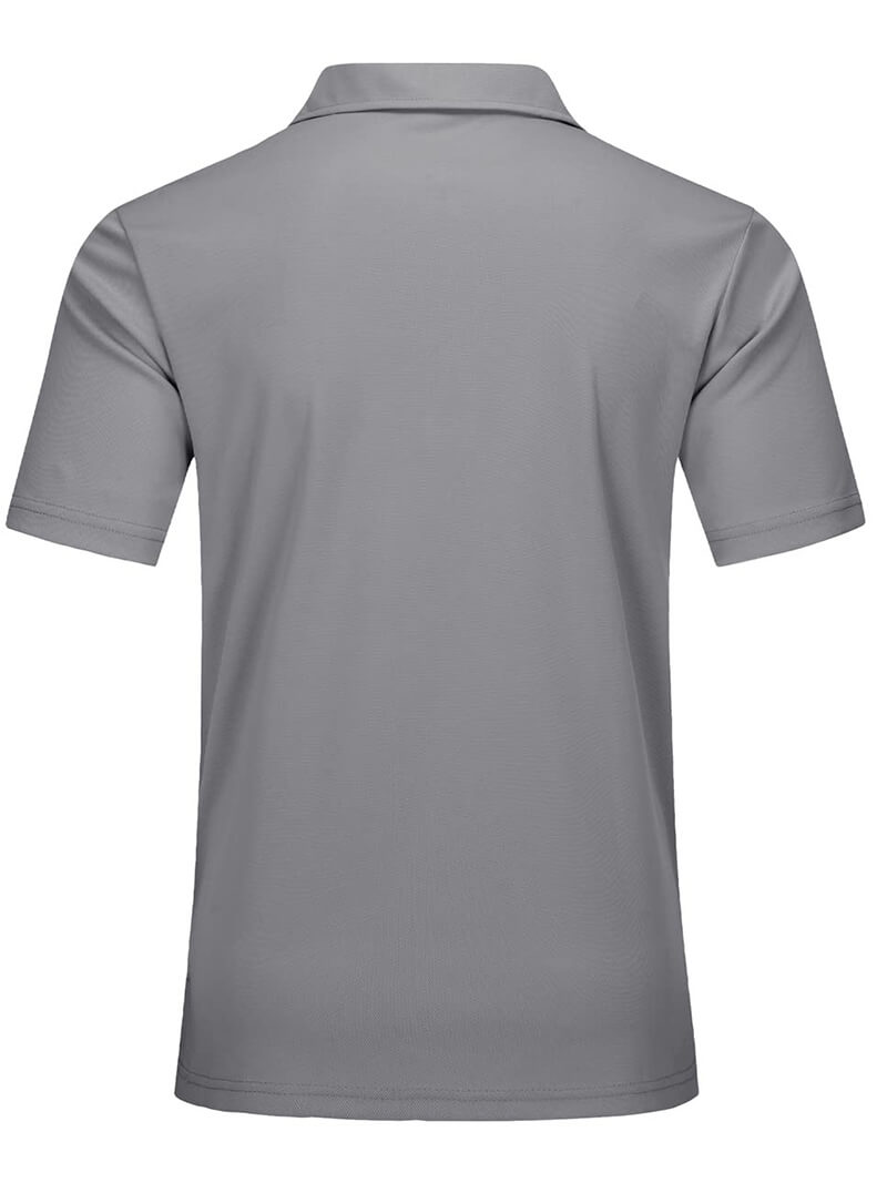Back view of grey casual men's short-sleeved polo shirt, perfect for tennis and active wear, made from breathable 100% polyester.