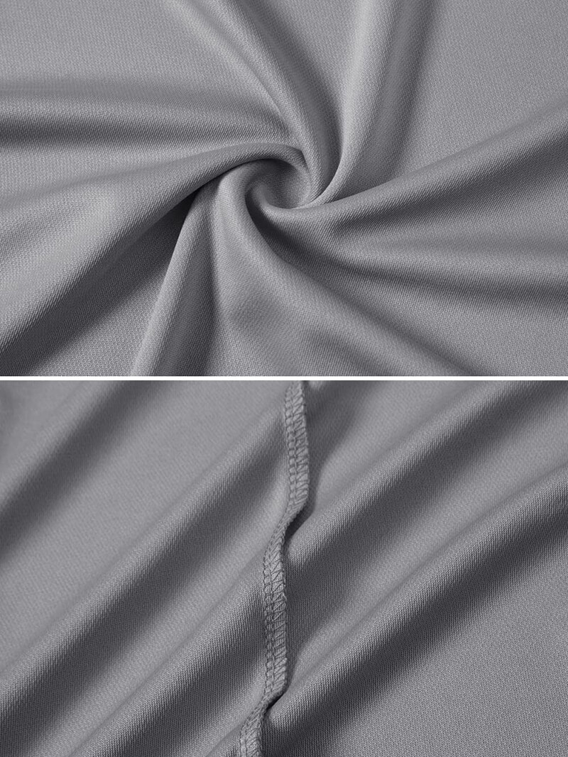 Close-up texture of gray casual men's short sleeves polo shirt fabric showing weave and stitching details.
