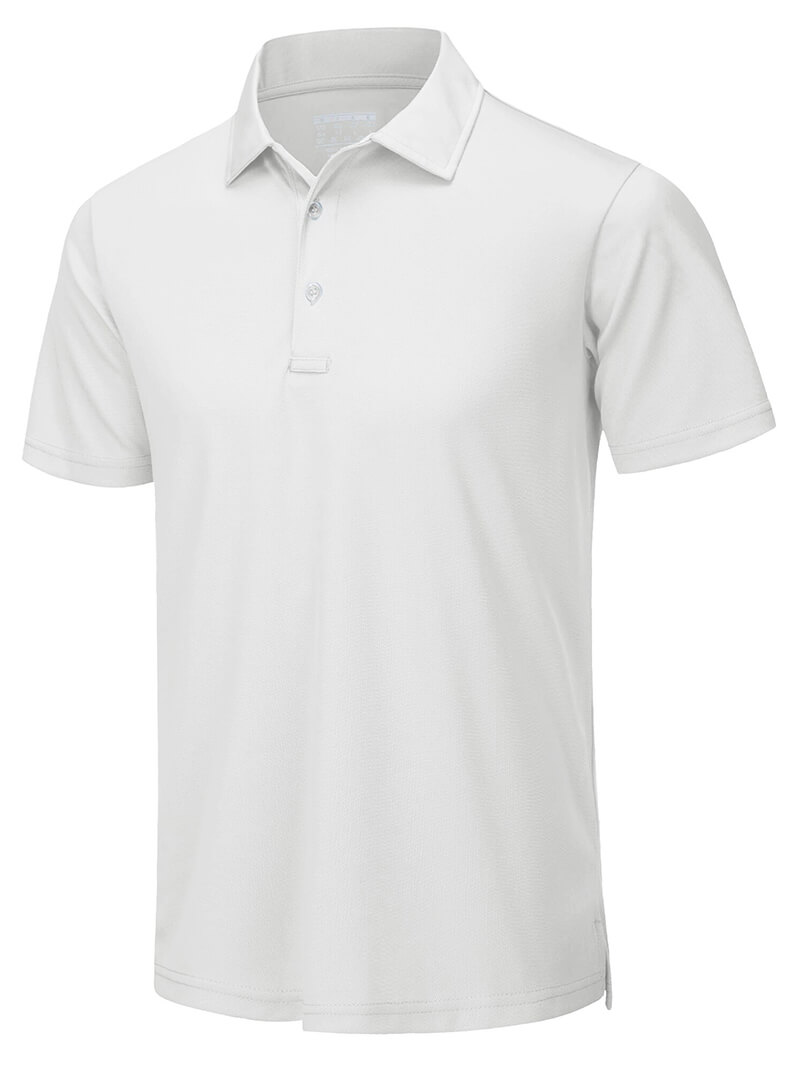Casual men's short sleeves polo shirt in solid white, perfect for tennis and active wear. Comfortable 100% polyester with button detail.
