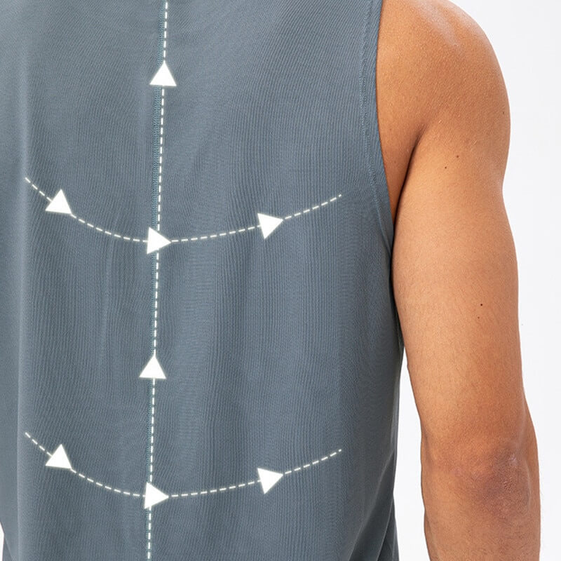 Back view of men's casual O-neck mesh tank top with arrow design, showcasing breathable fabric for basketball and workouts.