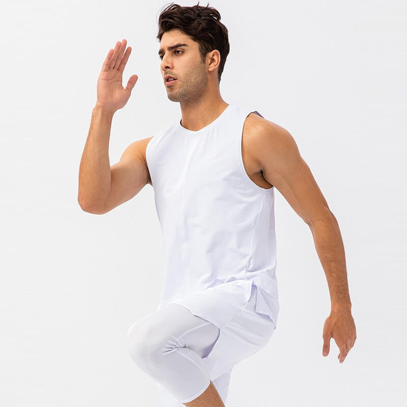 Man wearing white casual O-neck mesh tank top performing exercise; ideal for men's basketball and high-intensity workouts.