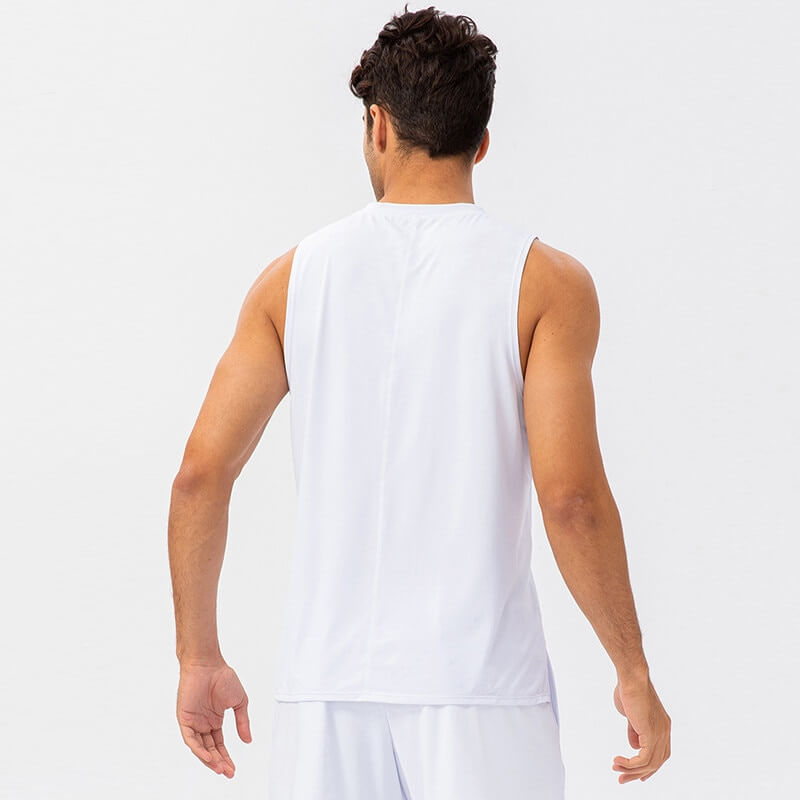 Men's white O-neck mesh basketball tank top, rear view showcasing breathable fabric and comfortable design for active wear.