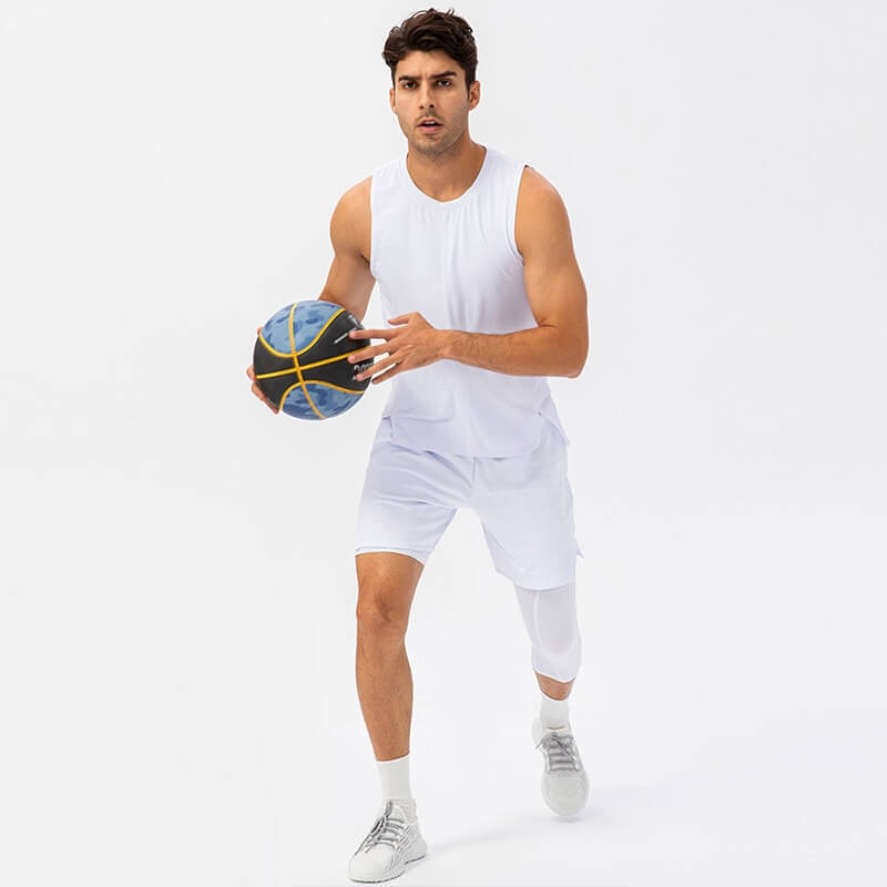 Man playing basketball in a white mesh tank top, showcasing the casual o-neck design and breathable fabric.