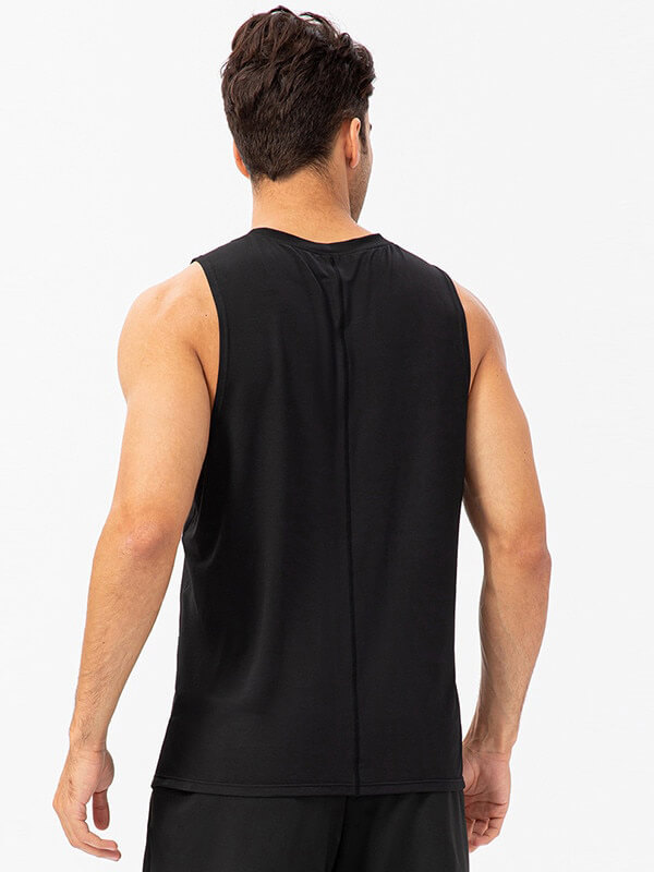 Back view of a men's casual o-neck mesh tank top in black, perfect for basketball and high-intensity workouts.