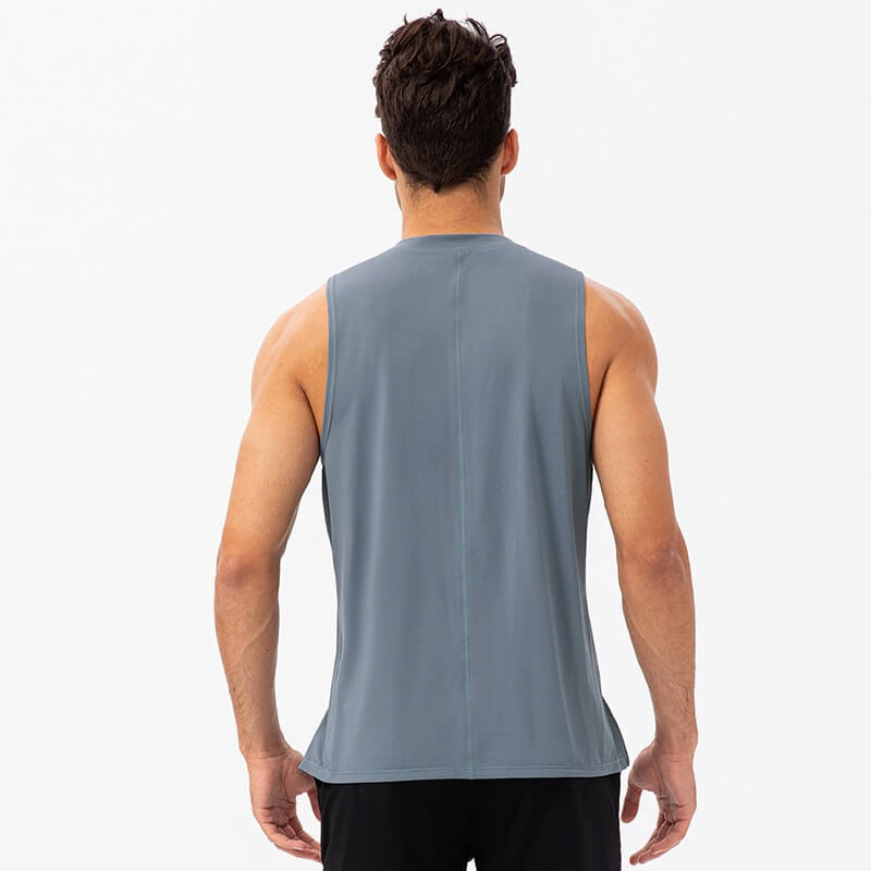 Back view of man wearing gray O-neck mesh tank top, ideal for basketball and intense workouts.