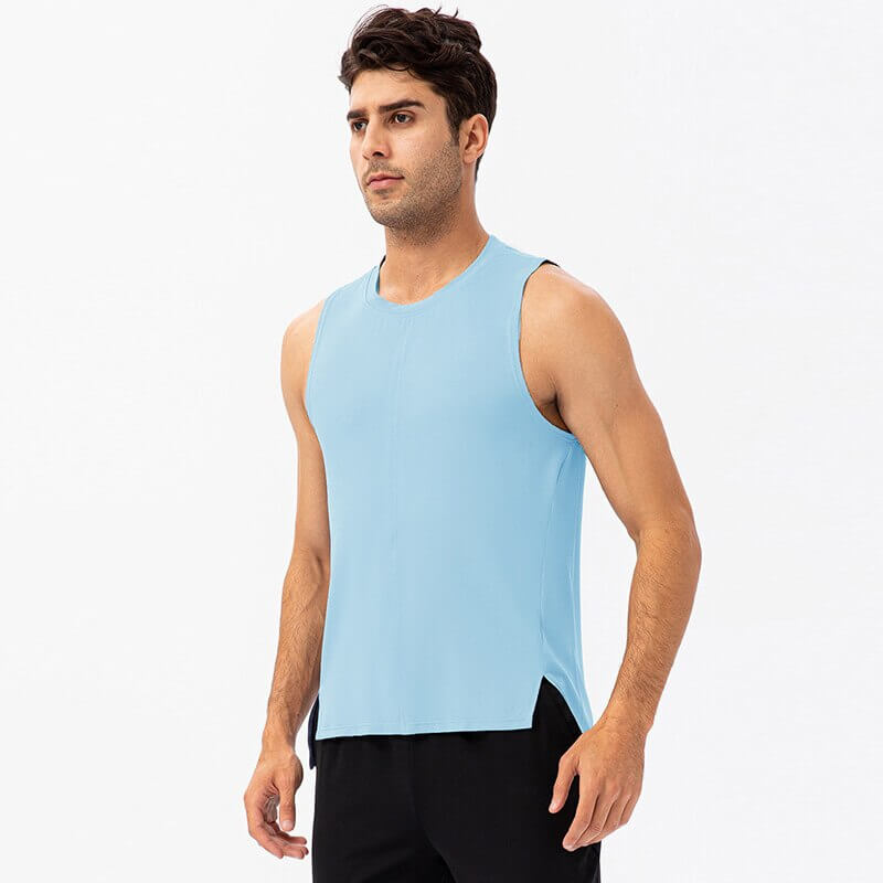 Men's light blue O-neck mesh basketball tank top for high-intensity workouts, featuring breathable polyester and a non-restrictive fit.