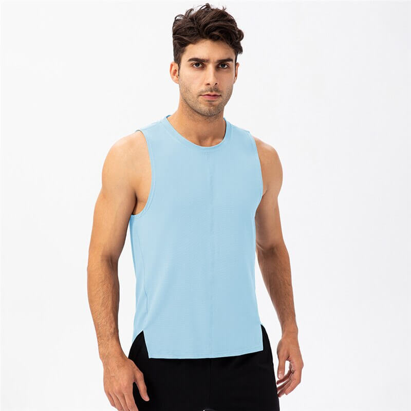 Man wearing light blue casual O-neck mesh basketball tank top, perfect for workouts and sports. Lightweight and breathable.