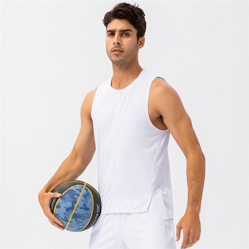 Man wearing Casual O-Neck Mesh Tank Top holding a basketball, showcasing breathable fabric suitable for intense workouts, SF0604.
