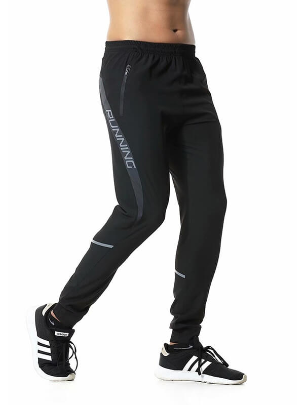 Men's casual running joggers with zipper pockets in black, featuring elastic waistband and lightweight fabric for a comfy workout.