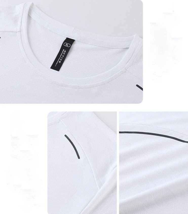 Close-up of white short sleeve basketball T-shirt for men, featuring elastic fabric and breathable design details.