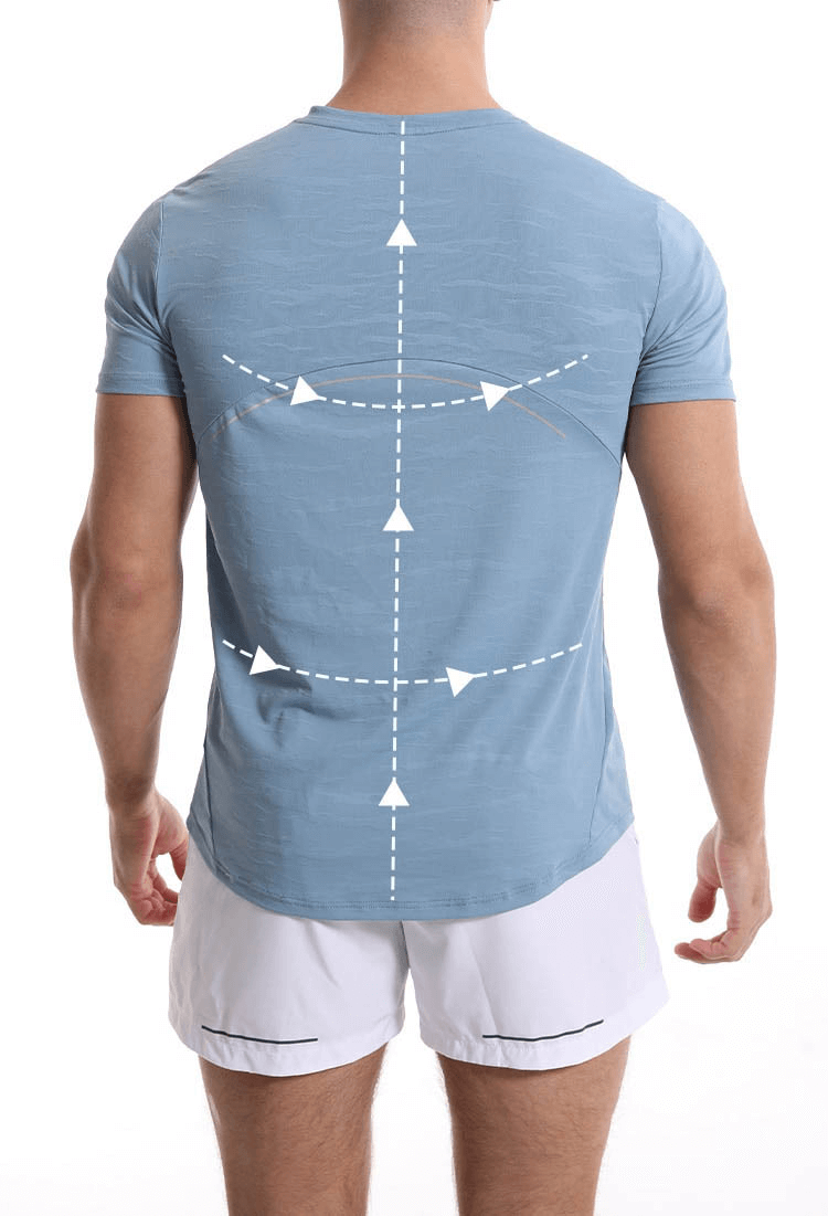 Man wearing blue short-sleeve elastic basketball T-shirt for men with arrows illustrating movement and comfort, back view.
