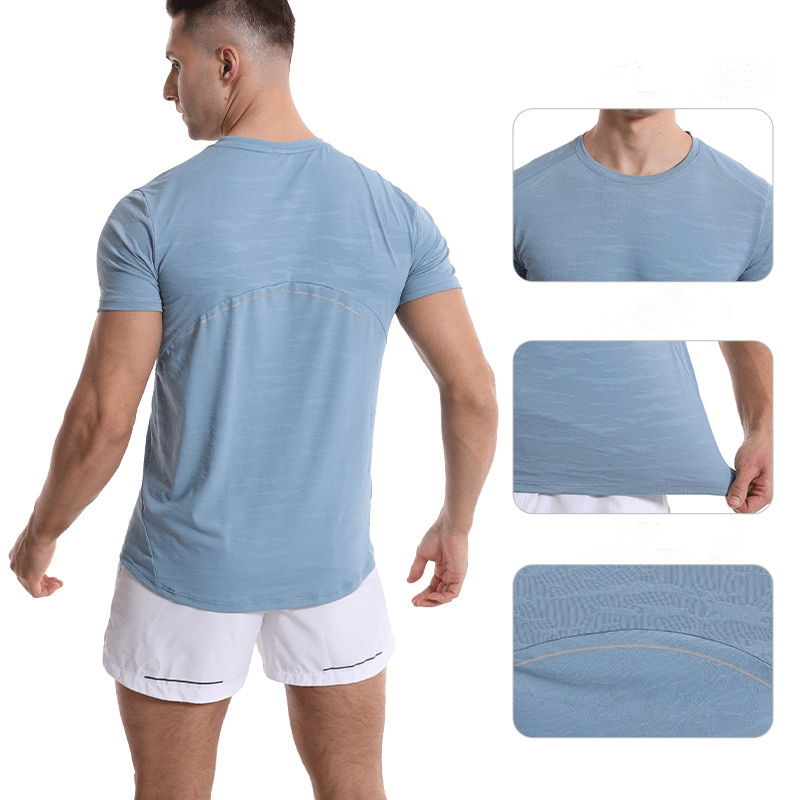 Man wearing blue Casual Short Sleeves Basketball Elastic T-shirt for Men - SF1043, showcasing breathable polyester material and comfortable fit.