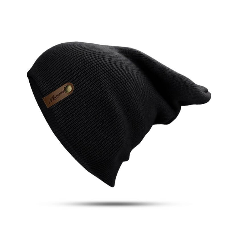 Casual unisex solid color knitted beanie in black, perfect for winter warmth and style. Thick, soft cotton material for cozy comfort.