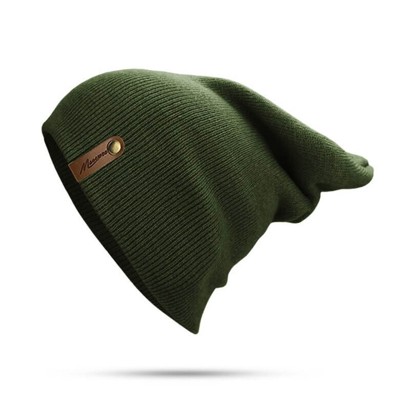 Unisex casual solid color knitted beanie in olive green, thick warm soft hat perfect for winter. Cozy cotton knit with adjustable fit.
