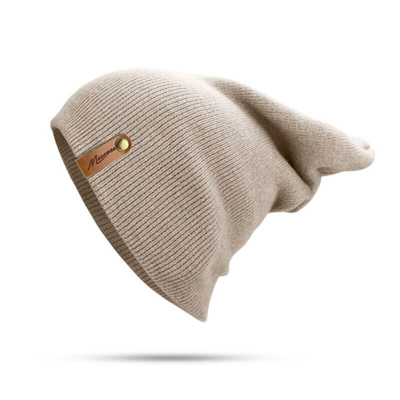 Casual solid color knitted beanie in beige, thick and warm, unisex cotton hat, perfect for winter comfort, fits 55-63cm head size.