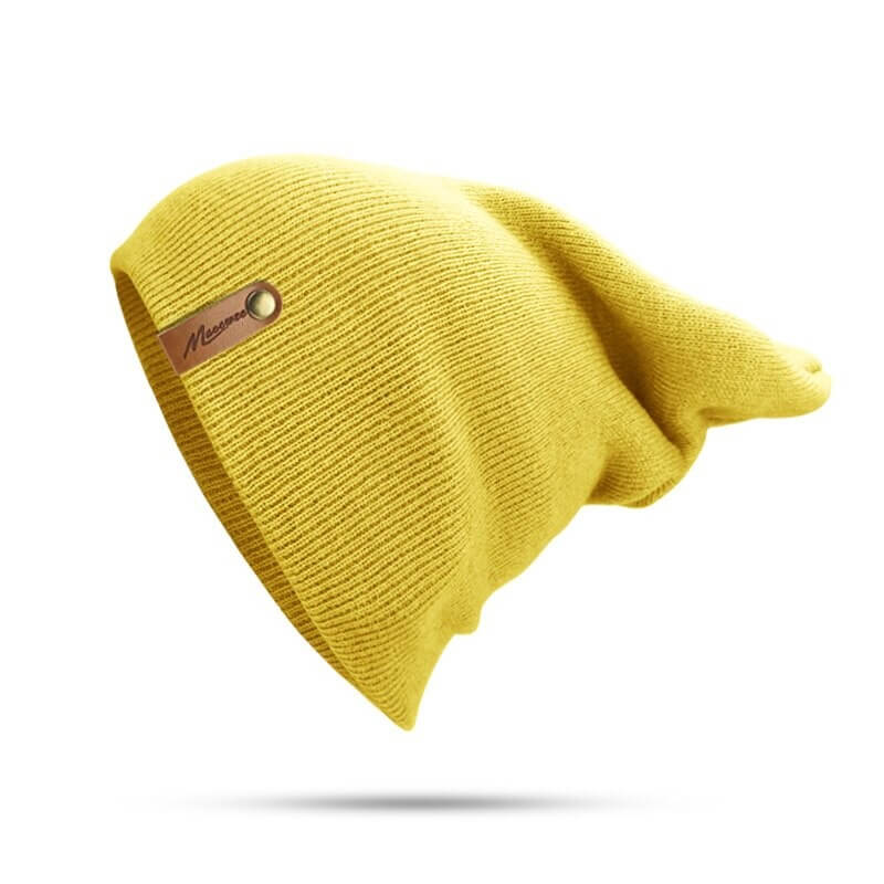Alt Tag: Casual solid color knitted beanie in yellow, thick warm soft hat, perfect for unisex winter wear, style SF0523.