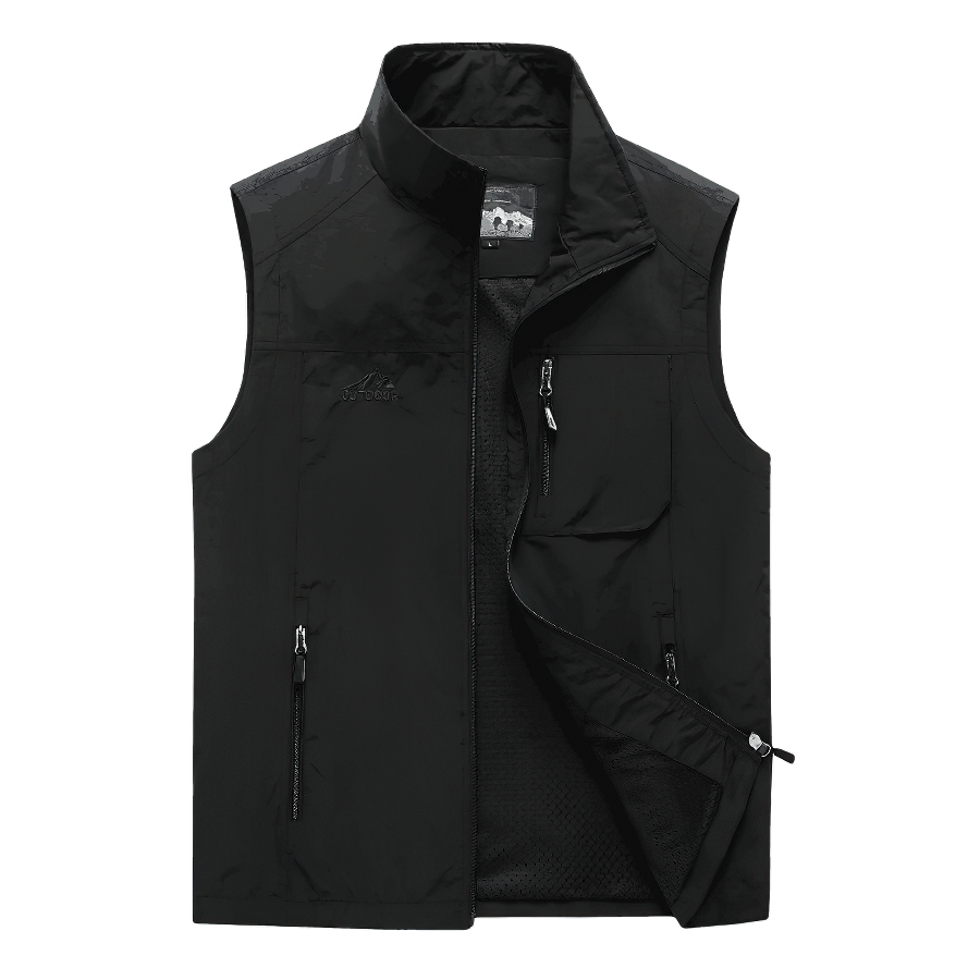 Men's Casual Stand Collar Zipper Vest - Black, Sleeveless with Front Zipper; Perfect for Travel and Everyday Casual Style.