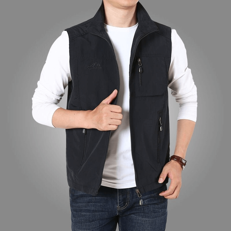 Men's casual stand collar vest with zipper, SF0297. Features a solid pattern, sleeveless design, and two convenient pockets.