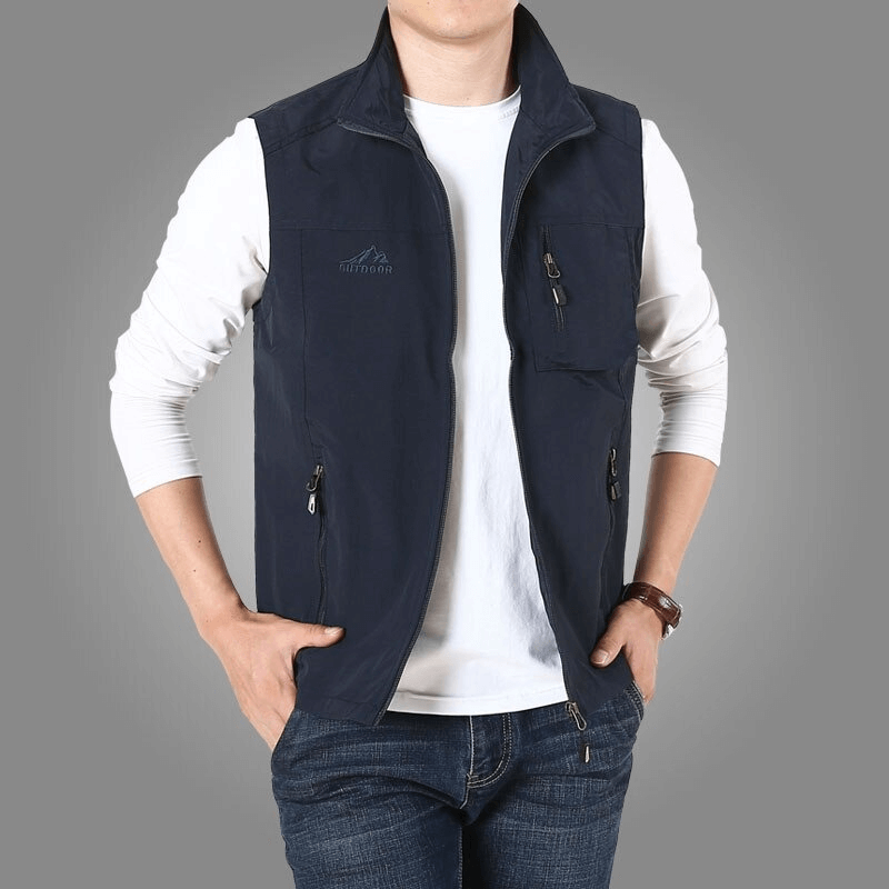 Casual men's stand collar zipper vest with pockets, ideal for travel and casual wear.