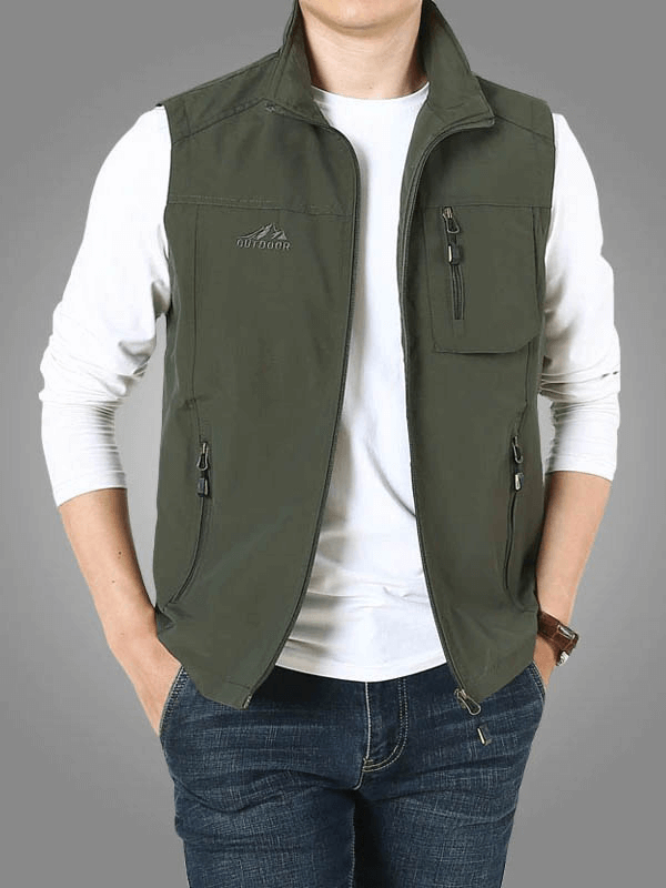 Men's casual stand collar vest with zipper, olive green, featuring two pockets. Ideal for casual wear and travel, product code SF0297.