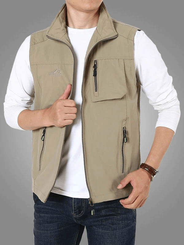 Men's casual stand collar zipper vest, sleeveless, solid color with two pockets; perfect for travel and casual style.