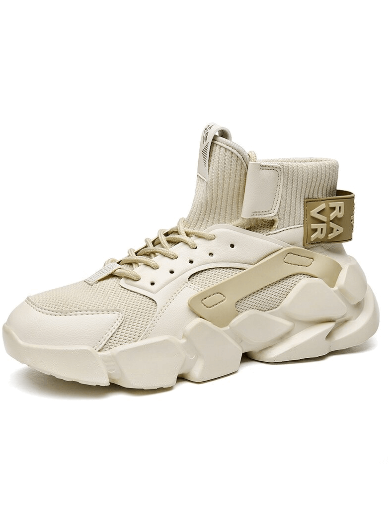 Beige casual thick sole non-slip male sneakers with breathable mesh upper and lace-up closure for stylish comfort.