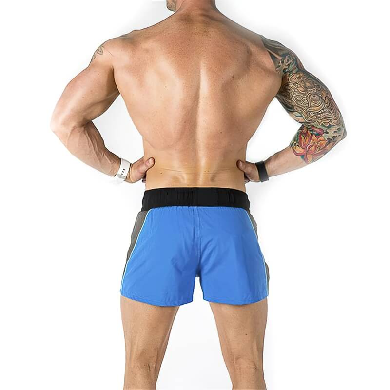 Back view of man wearing blue casual training drawstring short shorts for athletic activities.