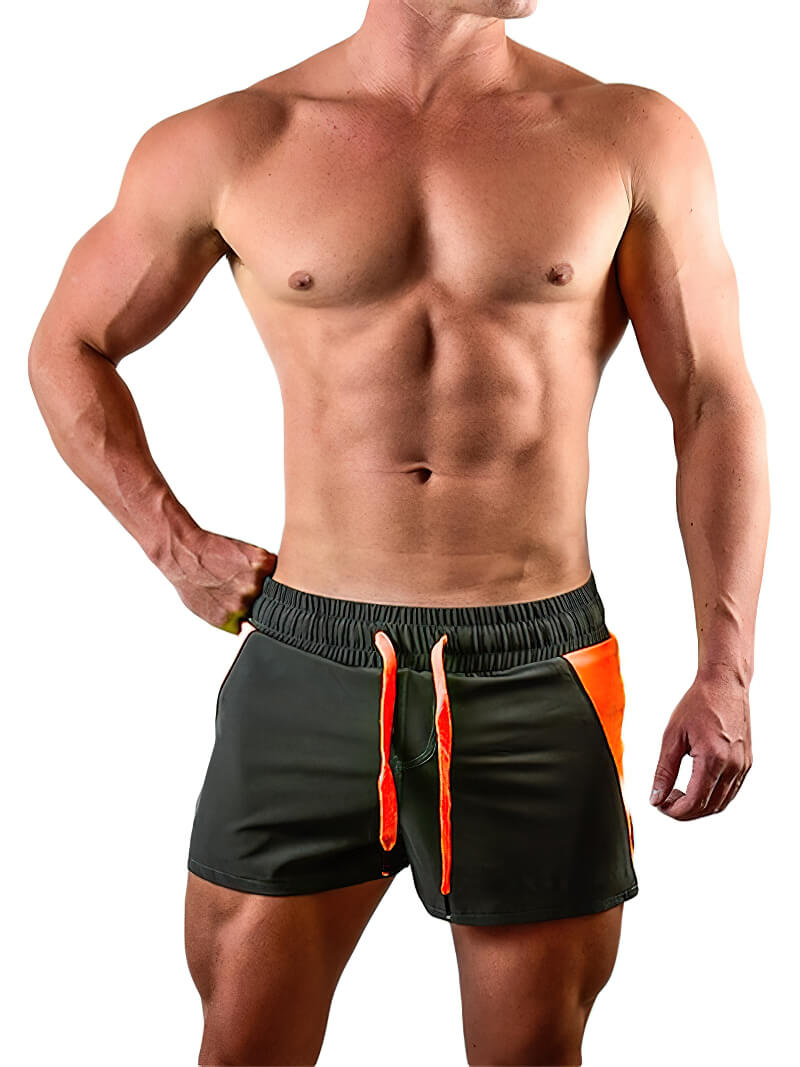 Man wearing casual training drawstring short shorts for men SF0692, featuring polyester spandex blend, ideal for gym, running, sports.