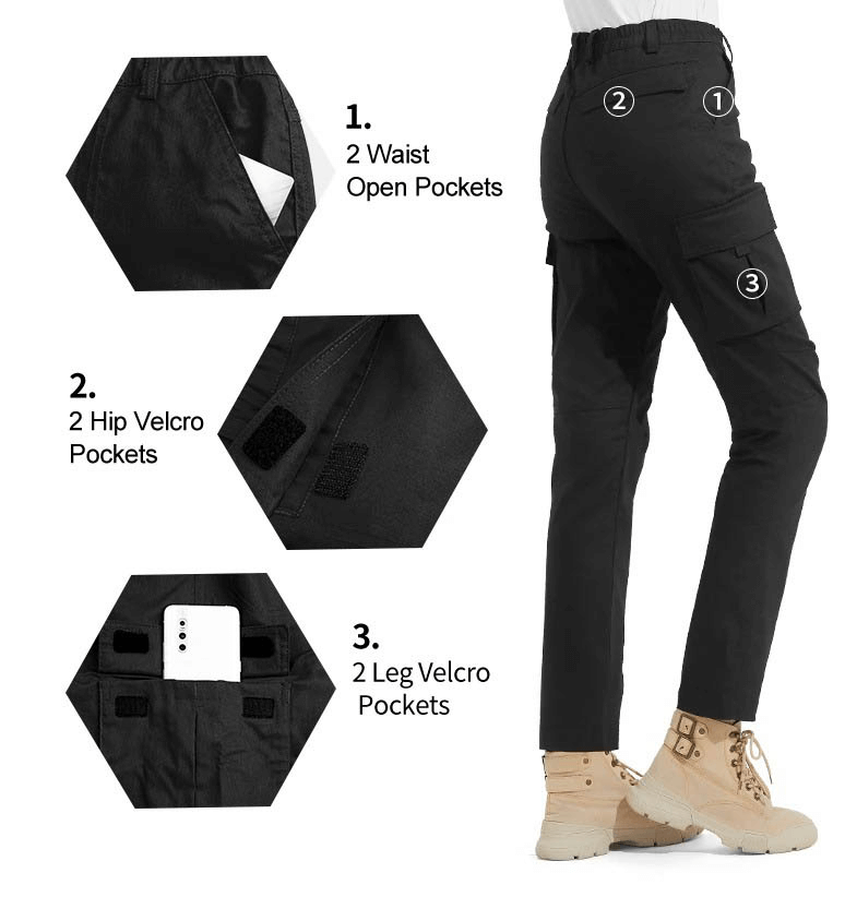 Women's black waterproof trekking trousers with multiple pockets. Features 2 waist open pockets, 2 hip velcro pockets, and 2 leg velcro pockets.