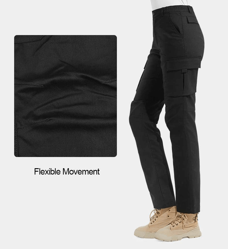 Casual Trekking Waterproof Trousers for Women with multi-pockets, showing flexible movement and anti-scratch fabric in black.