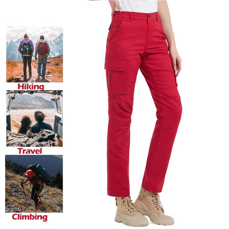 Women's red trekking trousers with multi-pockets, ideal for hiking, travel, and climbing. Durable and waterproof design.