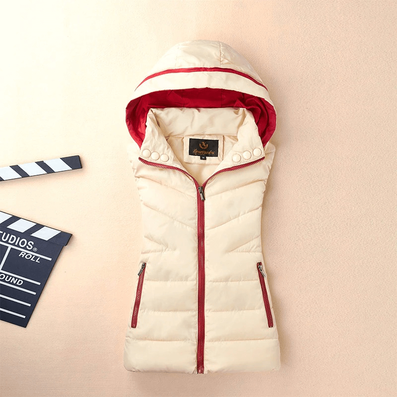 Stylish beige hooded down vest for women with red accents and zippers, perfect for a cozy, versatile winter look - SF0068.