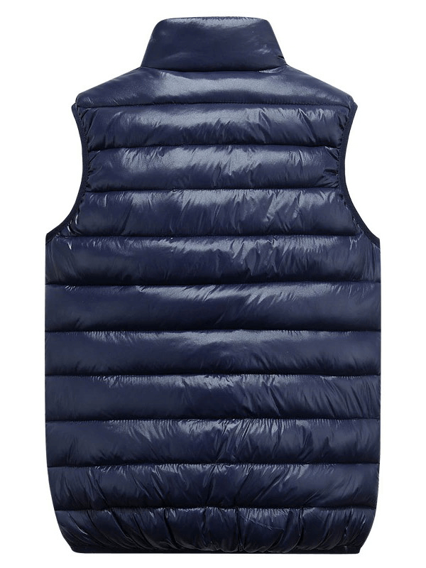 Navy blue casual zipper thermal vest for women with mandarin collar and letter pattern, perfect for warmth and style.