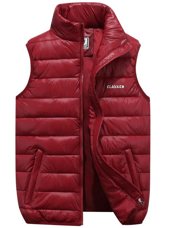 Red casual women's zipper thermal vest with mandarin collar and letter pattern, perfect for warmth and style. Product code: SF0060.