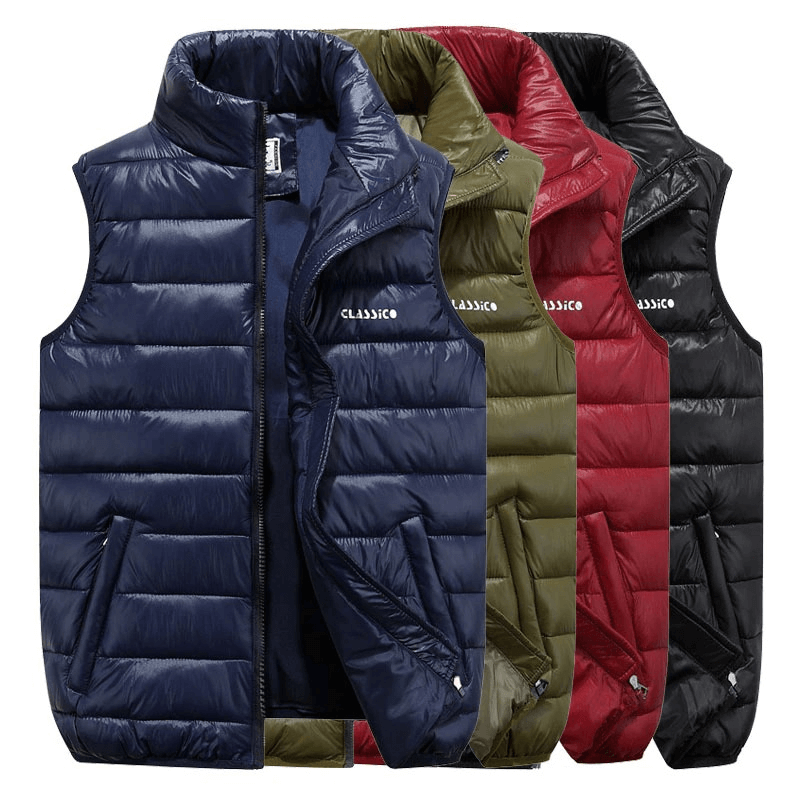 Casual Zipper Thermal Vest for Women in navy, olive, red, and black, featuring a mandarin collar and stylish letter pattern.