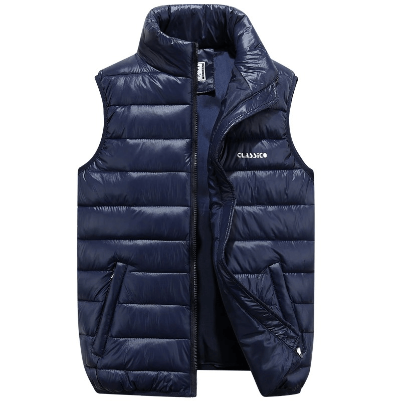 Casual Zipper Thermal Vest for Women in navy, sleeveless design with mandarin collar and stylish pockets, perfect for warmth and style.